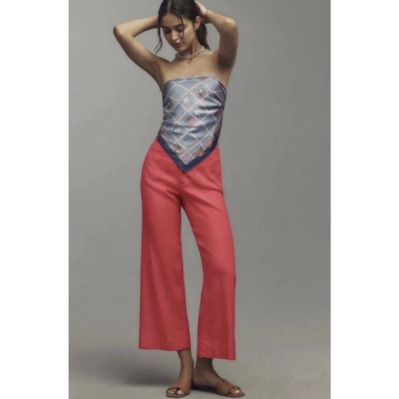 Anthropologie Maeve Colette Pants Petite 31 Pink Linen Blend Crop Wide-Leg - Picture 11 of 13